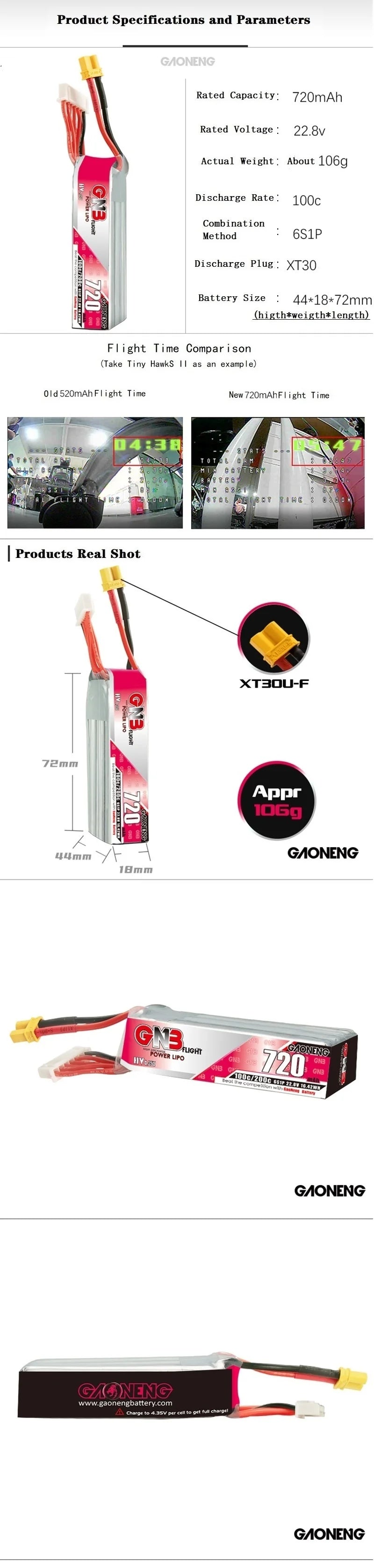 GAONENG Lipo batteries: 5-piece set with max capacity 720mAh, voltage 22.8V, and XT30 discharge plug.