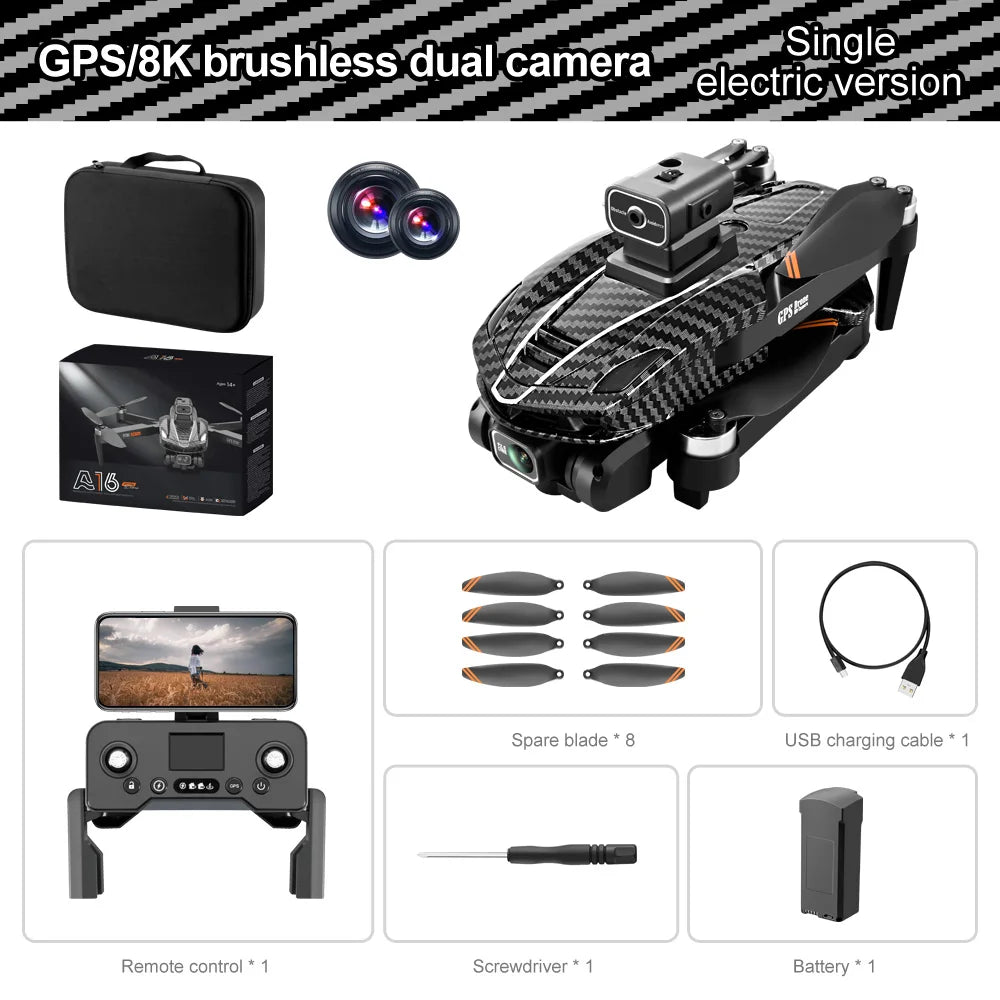 A16 PRO Drone, GPSI8Kibrushless dual camera Single electric version 3= Spare blade USB charging