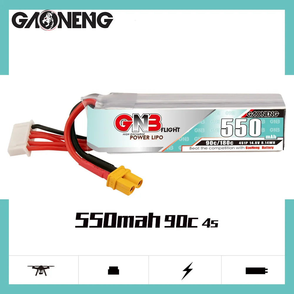 GNB 2S, 3S, 4S and 6S series LiPo batteries available for quadcopter, helicopter and FPV drone applications. The batteries come in various voltages: 7.4V, 11.1V, 14.8V and 22.2V, with capacities of 550mAh and high discharge rates of 90C.