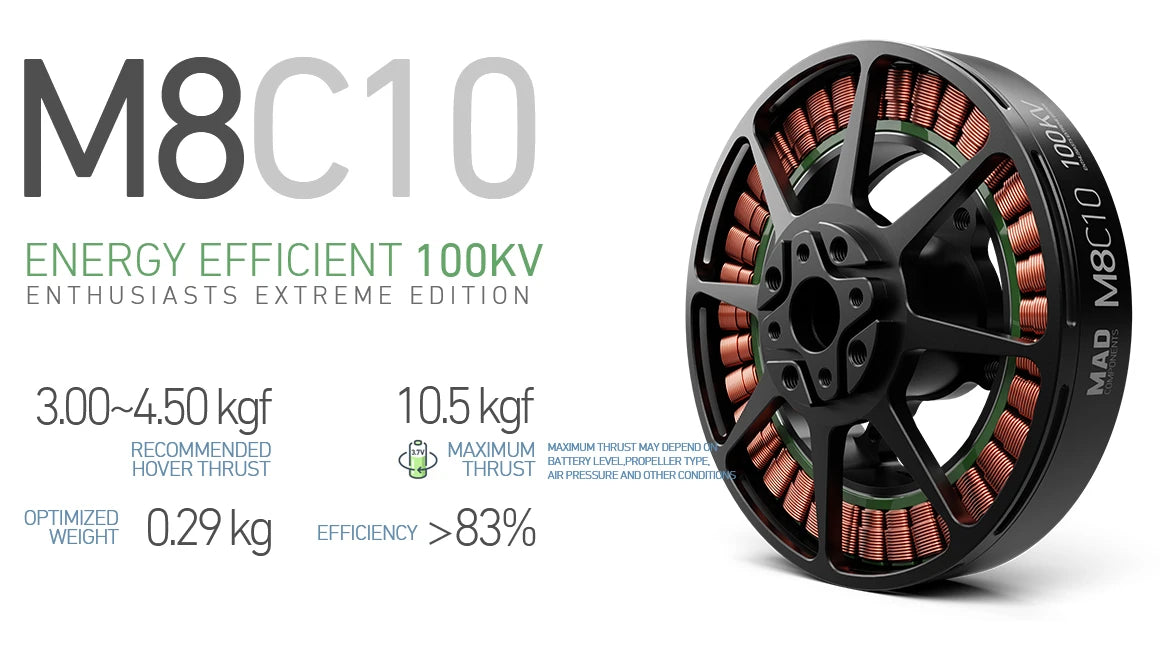 MAD M8C10 EEE Drone Motor, High-performance drone motor for enthusiasts and pros, ideal for long-range applications with a recommended max weight of 3-4.5kg.