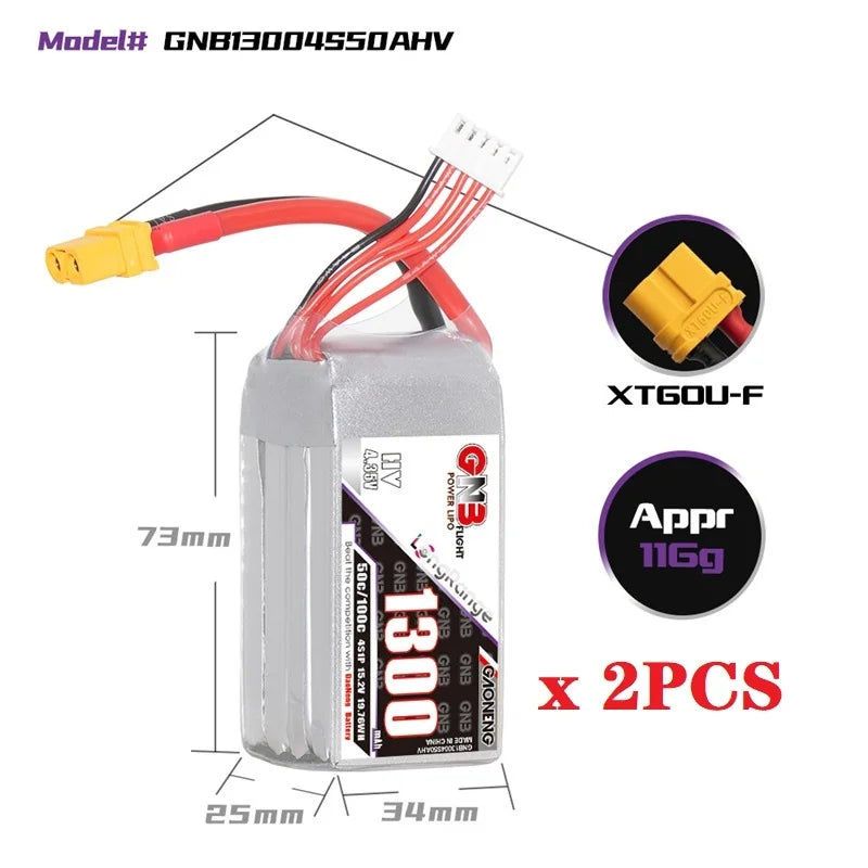 GNB 2S/3S/4S/6S 1300mAh 50C Lipo Battery For FPV Racing Drone With XT60 Plug