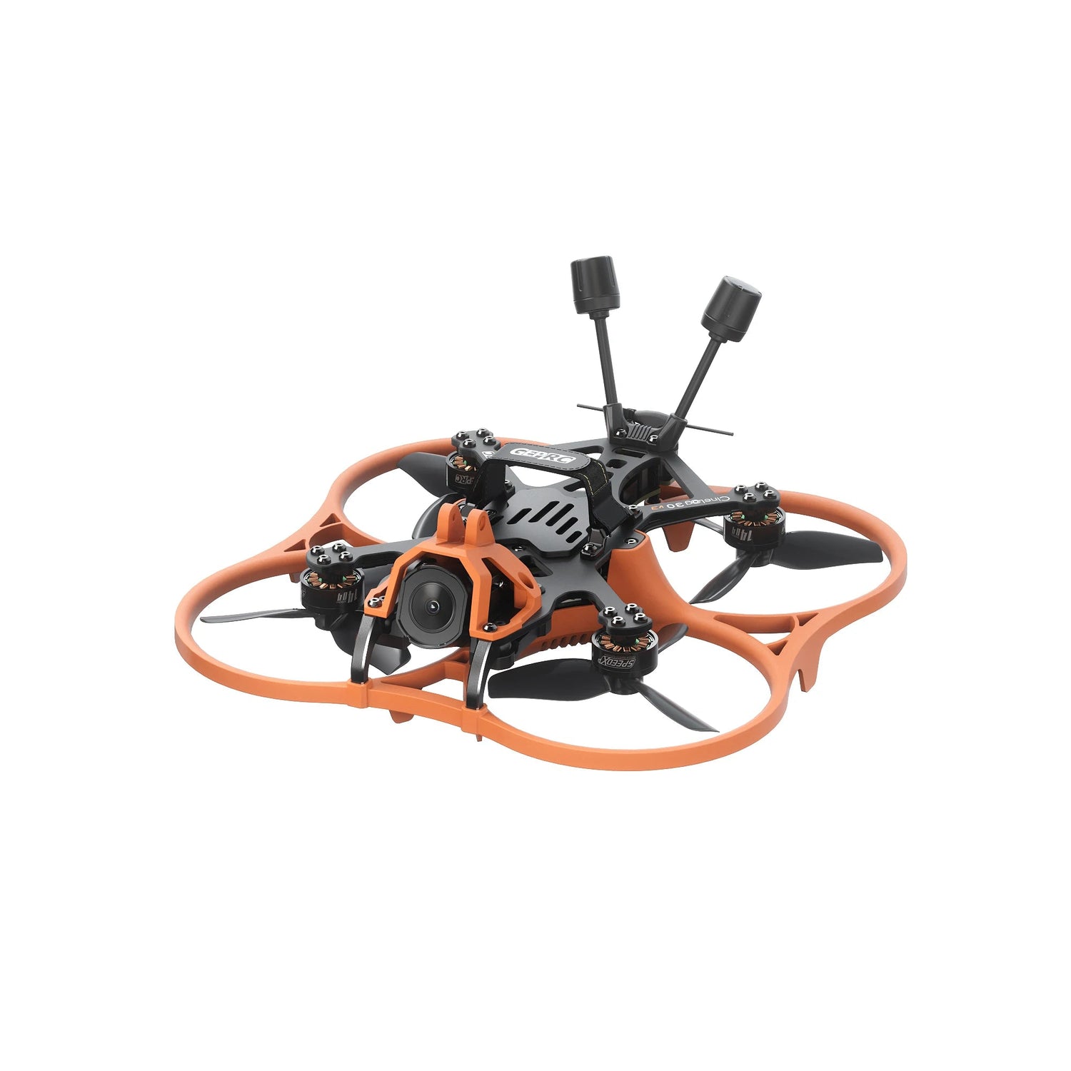 GEPRC Cinelog30 V3 FPV, A GEPRC drone with an orange frame, black motors, propellers, camera, and two antennas for better connectivity.