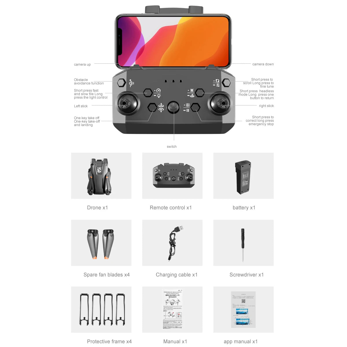 Z908 Pro Drone, camera up camera dowin obslacle short press avoidance i