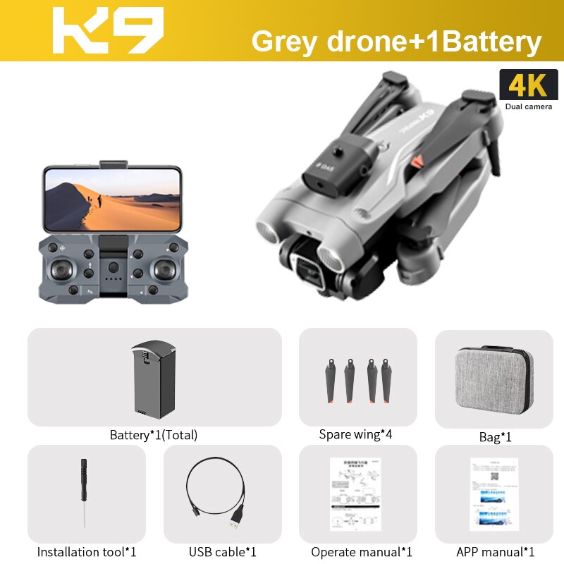 K9 RC Drone, KD Grey drone+1Battery 4K Dual camera Battery"