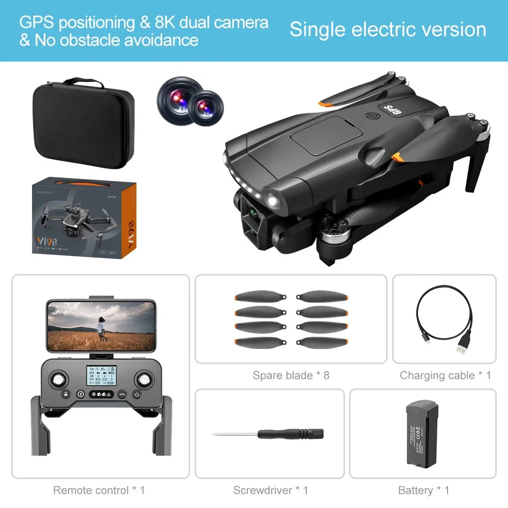 V198 MAX PRO Drone, Drone features GPS positioning, 8K dual camera, single electric version, with some accessories.