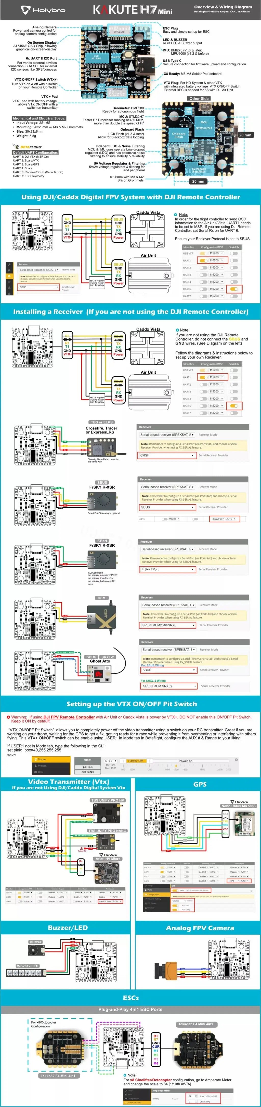 Holybro Kakute H7 Mini Flight Controller - W/ BetaFlight OSD 6x UART Port BMI270 F7 predecessor 32Bit Support Octocopter 15 Holybro Kakute H7 Mini Flight Controller, VTX+ ONIOFF switch allows vou completelv power off the video
