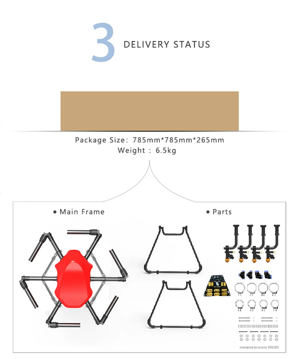 Drone kit for agricultural spraying with a package size of 785mm*785mm*265mm and a weight of 6.5kg.