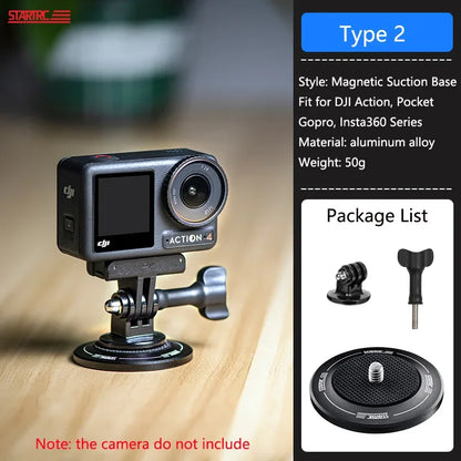 STARTRC magnetic suction base for DJI, GoPro, Insta360. Lightweight aluminum alloy, 50g. Includes mount, screw, and base. Camera sold separately.
