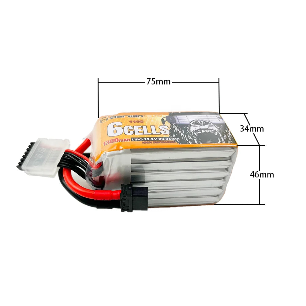 DarwinFPV 6S 1300mAh Battery, 75mm WanaA J08 Saes 34mm LiDo222720 bowh