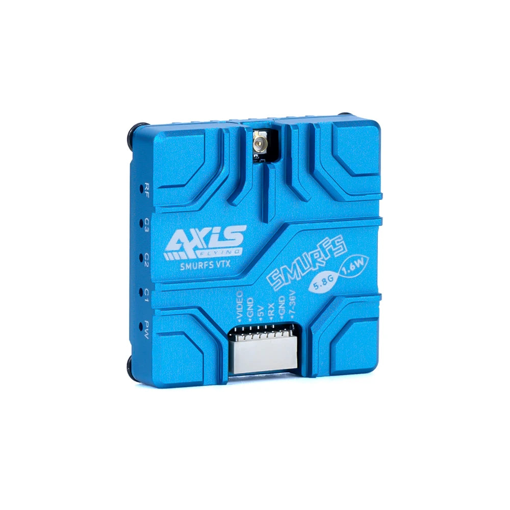 Axisflying SMURFS VTX offers 5.8G 1.6W analog transmission, long-range FPV drone compatibility for 5/7/10-inch sizes.
