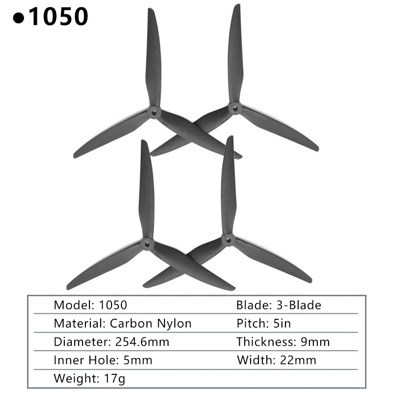 2PAIRS GEMFAN Drone Propeller, 1050 Blade: 3-Blade Material: Carbon Nylon Pitch: Sin Diameter:
