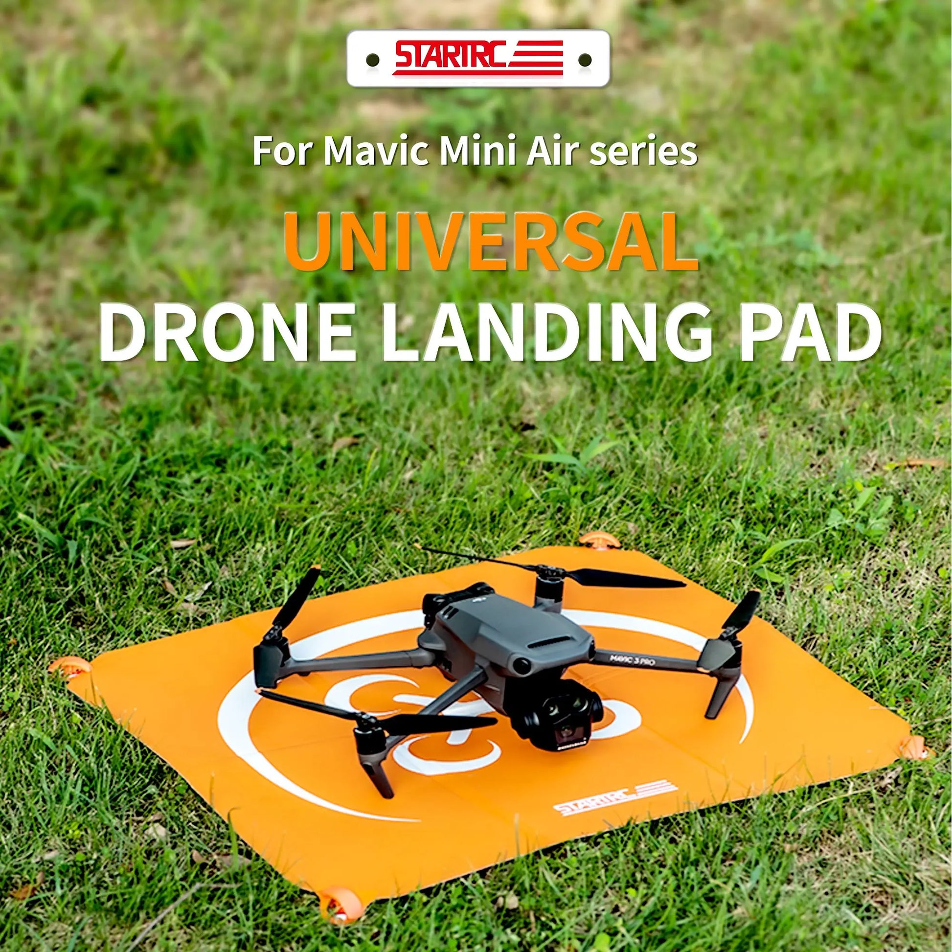 StartRC Drone Landing Pad, Foldable, double-sided Universal drone landing pad for Mavic Mini Air series, featuring pegs, orange design, and StarRC branding.
