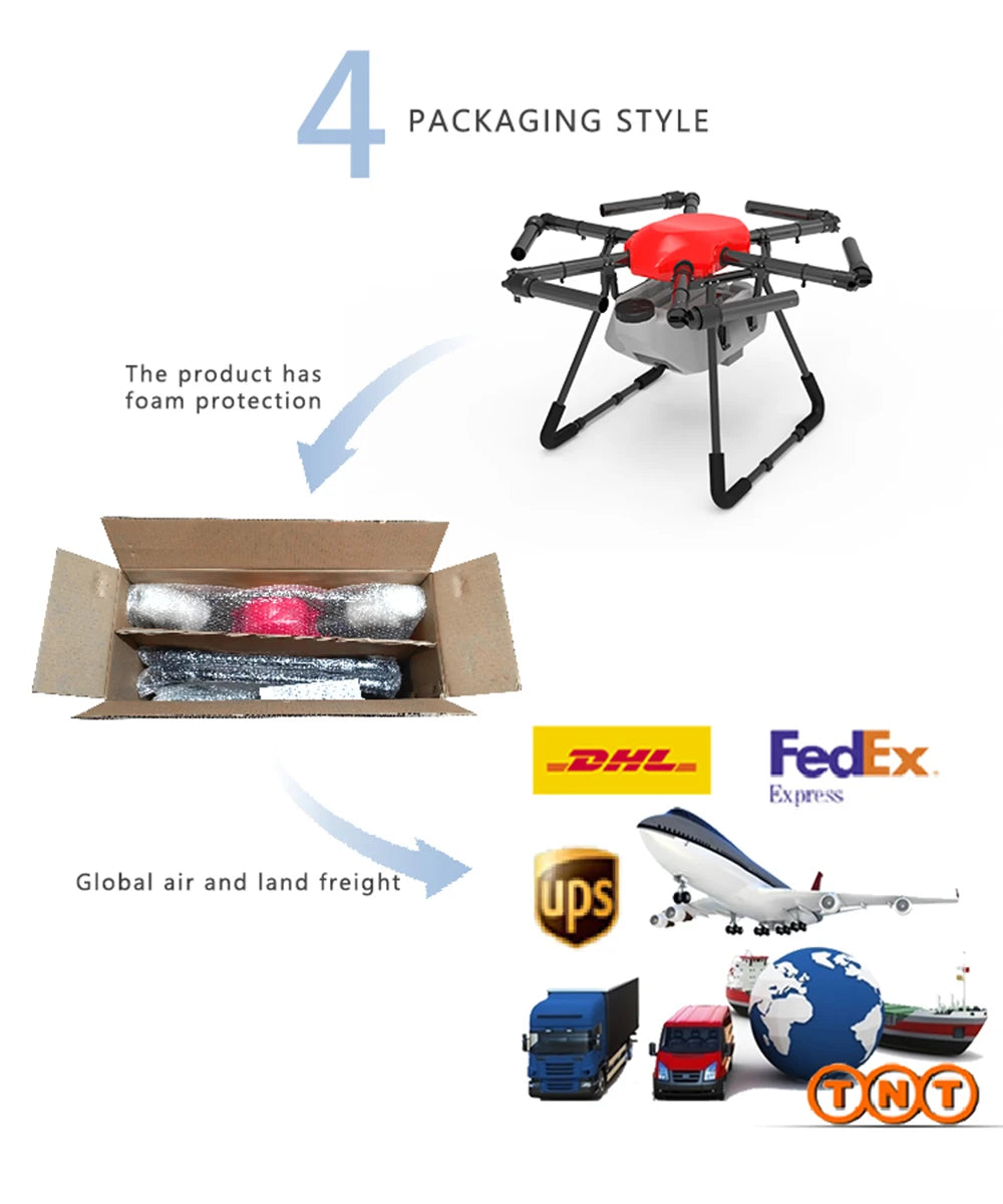 Dreameagle X616 16L 16KG Agricultural Drone, Product features foam protection for safe shipping and offers global shipping options via USPS, UPS, and FedEx Express.