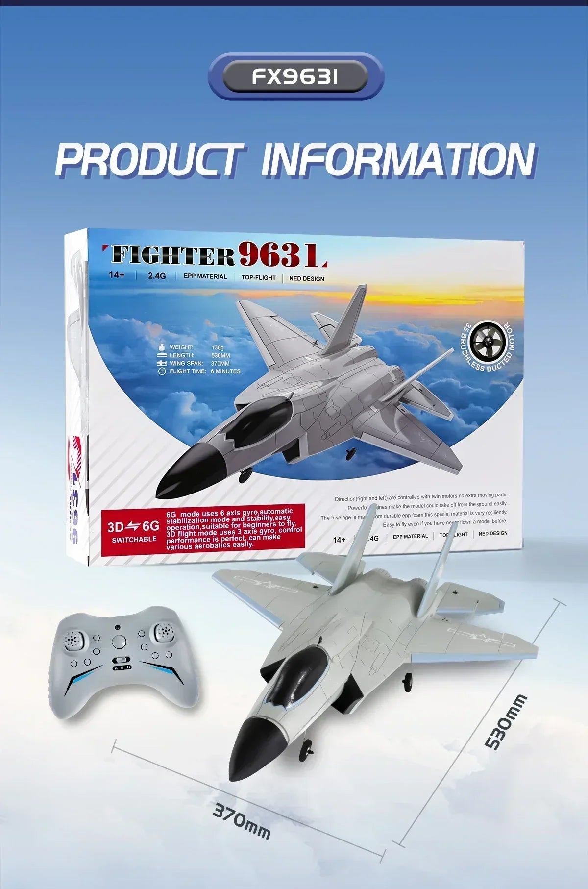 The FX9631 J-35 Large Size Bypass Fighter offers exceptional performance with durable construction, stabilization mode, and switchable performance modes.