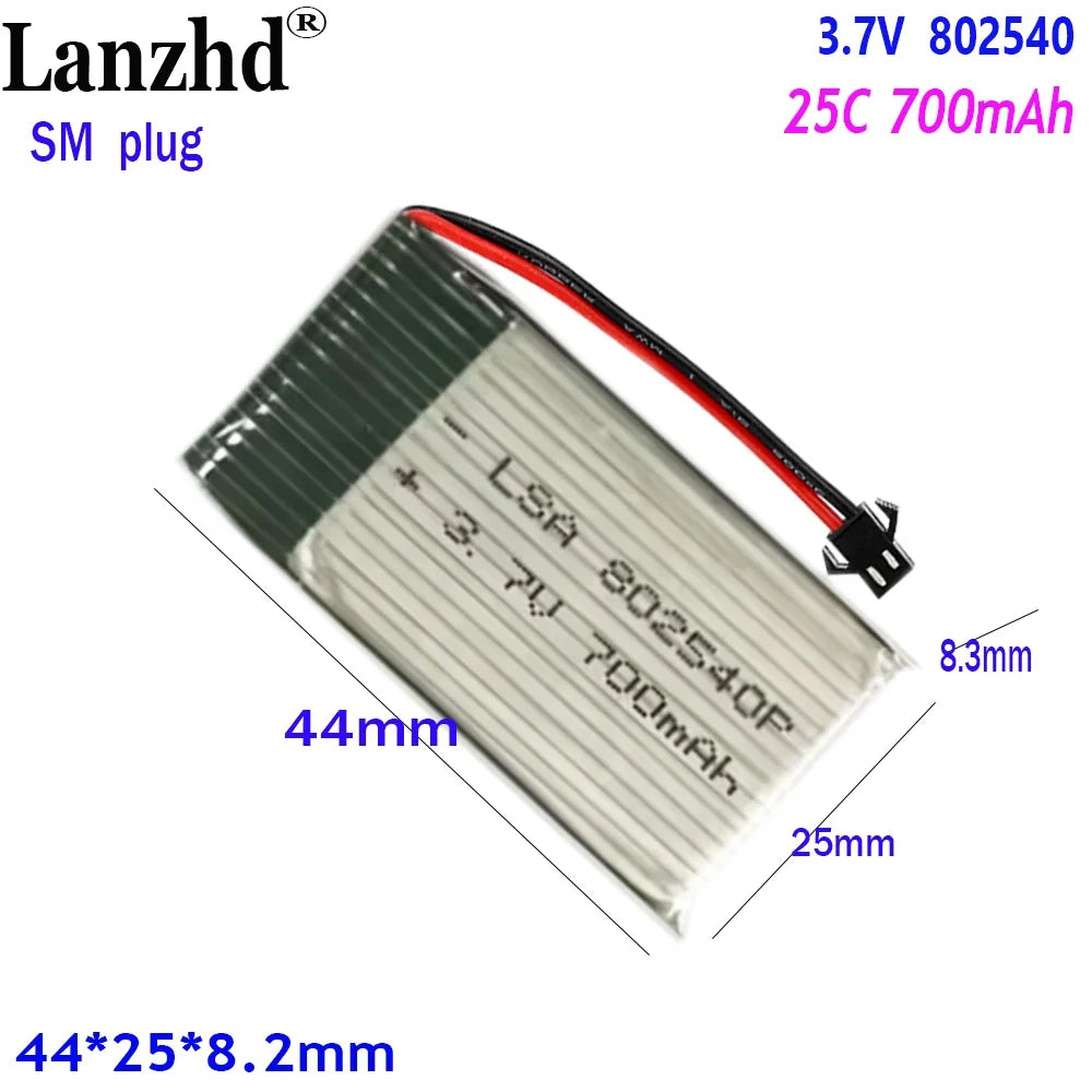 802540 Battery, Battery for drone model airplanes, 25C capacity, 3.7V voltage, and 700mAh mAh capacity.