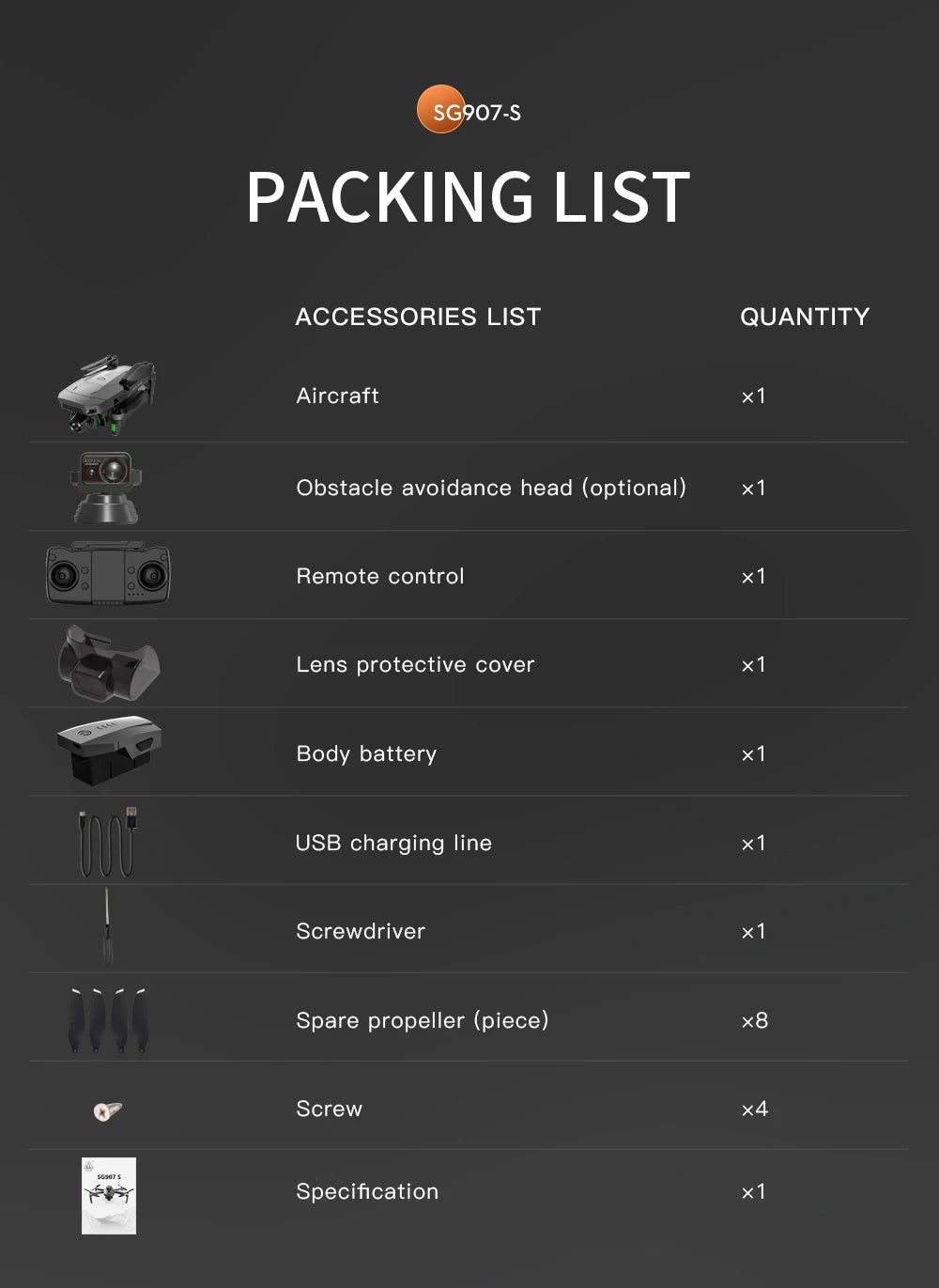 SG907S Drone, SG9O7-S PACKING LIST ACCESSORIES LIST