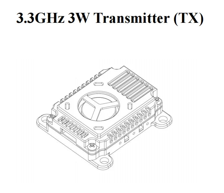 3.3G 3W MAX Analog VTX. High-gain analog transmitter for 7-13 inch FPV video transmission with max output power of 3.3G and wide frequency range.