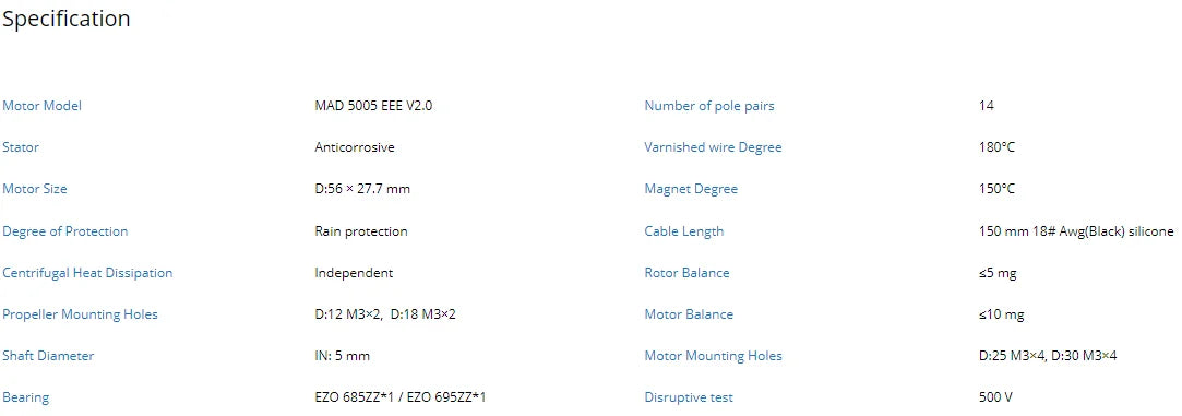 MAD 5005 EEE Drone Motor, High-performance drone motor with adjustable KV options for quadcopters, hexacoaptors, and octocoaptors.