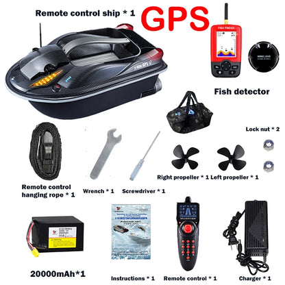 HJ817 RC Fishing Boat, GPS RC fishing boat includes remote, battery, charger, propellers, tools, and fish detector for convenient, tech-enhanced angling.