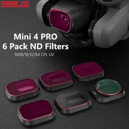 STARTRC Lens Filter, Mini 4 PRO 6-pack ND filters: ND8/16/32/64, CPL, UV, rotatable polarizer, quick-release frame for superior photography control and lens protection.