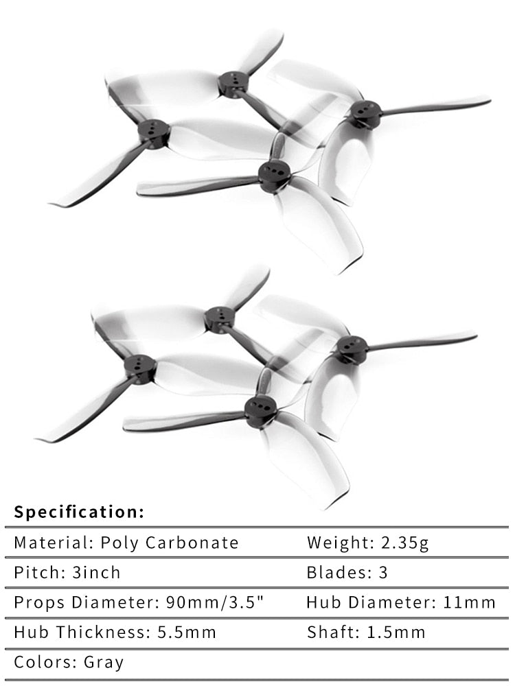 Polycarbonate Weight: 2.35g Pitch: 3inch Blades: 3 Props