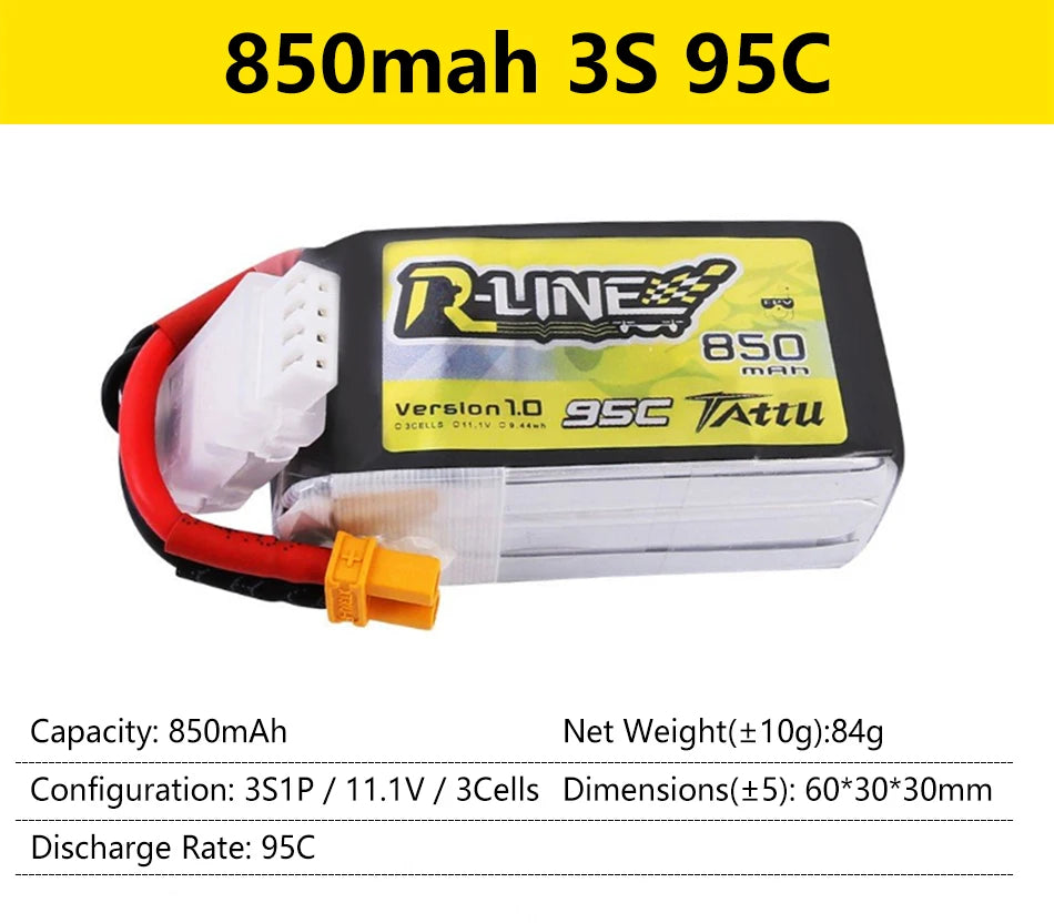 Gens Ace Tattu R-Line 1.0 2.0 LiPo Rechargeable Battery 550/650/750/850/1050/1300/1550/1800mah 95C 3S 4S 6S for RC FPV Racing 28 3S1P 11.1V 3Cells Dimensions(+5): 60*