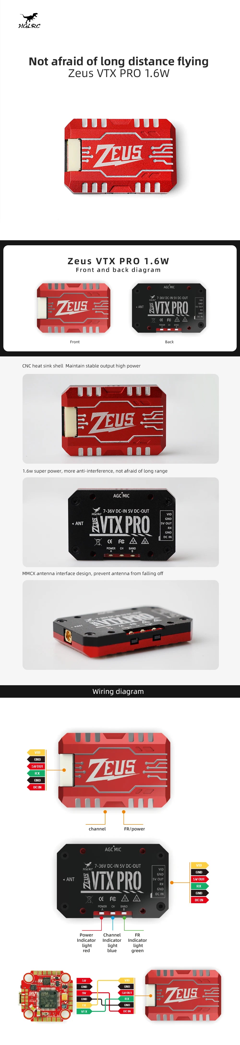 HGLRC Zeus VTX PRO 1.6W 5.8G 40CH Image Transmission with Microphone PIT/25/400/800/1.6W Adjustable For RC FPV Racing Drones 10 HGLRC Zeus VTX, ZEEVS 6w super power, more anti-interference, not afraid of long range