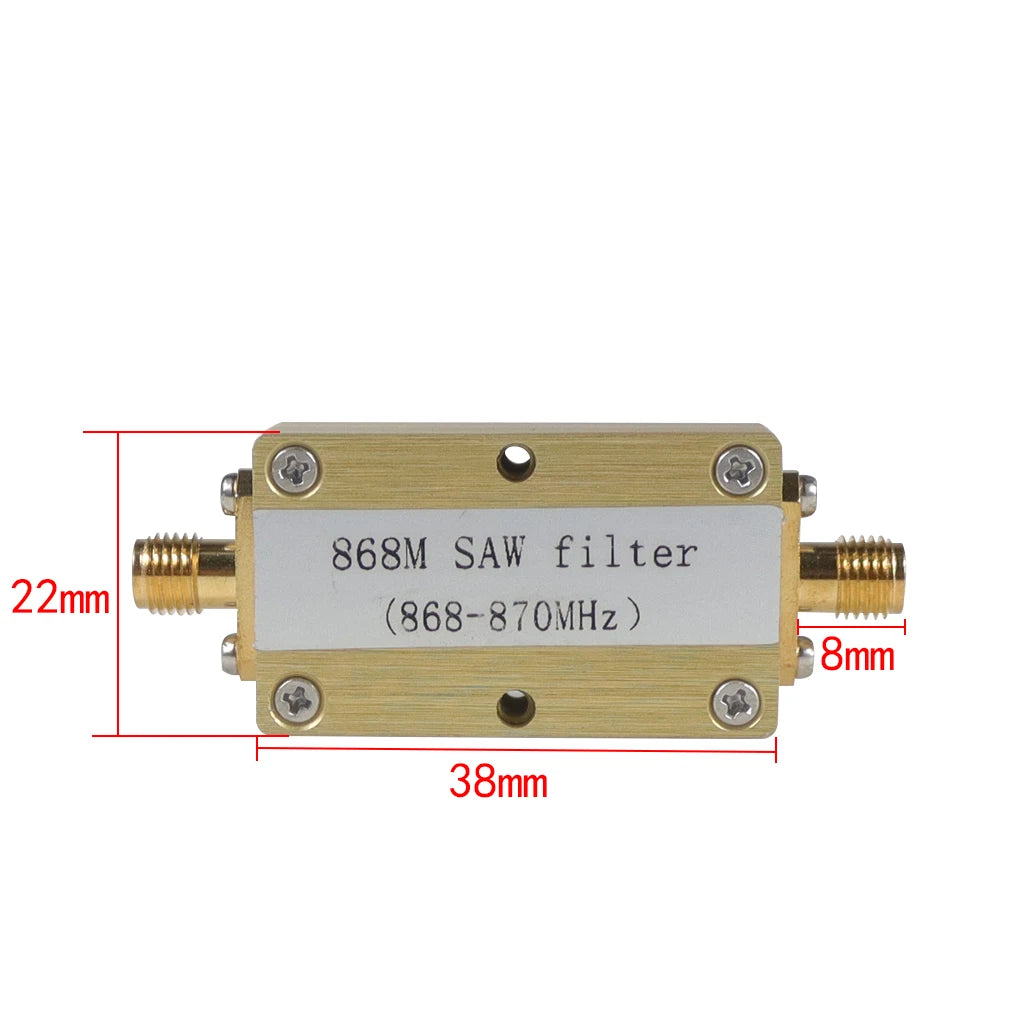 Compact module amplifies bi-directional signals between 850-930MHz with integrated SAW filter, measuring 22x8x38mm.