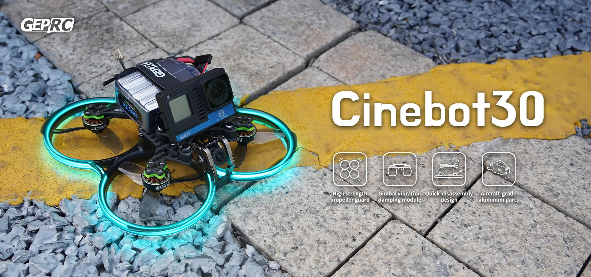 GEPRC Cinebot30 HD - Walksnail Avatar FPV, GEPRC Cinebot30 HD, GEPRC 8 Cinebot3o High strength Gimbal vibration: Quick-dis