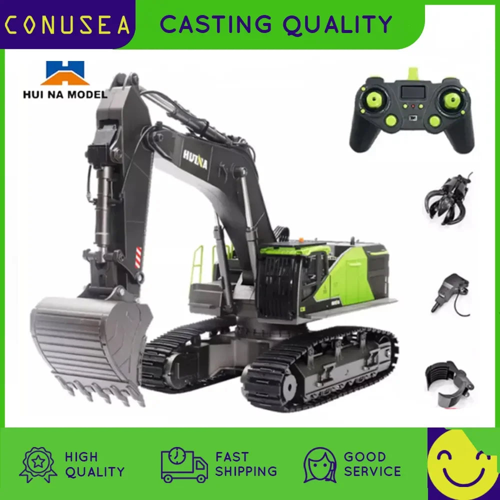 Huina 593/582 RC Excavator with 2.4G 22-channel, alloy attachments and 7.4V 1200mAh battery, ready-to-run with optional 582 dump truck.