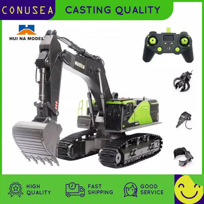 Huina 593/582 RC Excavator with 2.4G 22-channel, alloy attachments and 7.4V 1200mAh battery, ready-to-run with optional 582 dump truck.