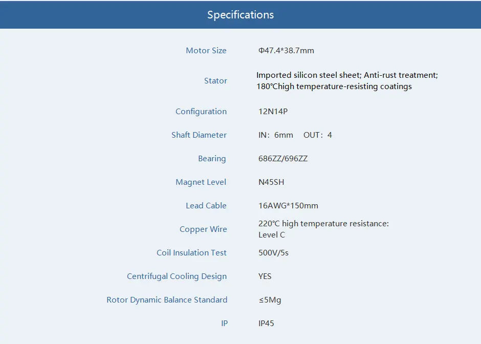 T-MOTOR, Specifications Motor Size 047.4*38.7mm Imported silicon steel sheet;