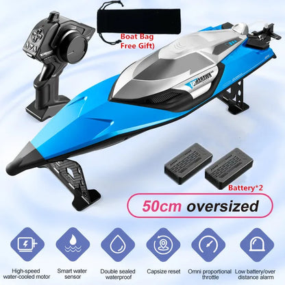 Tccicadas 50CM RC Boat, Introducing TCCICADAS RC BOAT with high-speed capabilities up to 70km/h, featuring 2.4G range, capsize reset, and waterproof design.