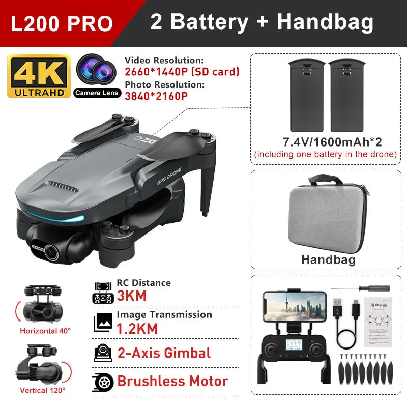 L200 PRO MAX Drone: 4K HD camera, 7.4v/1600mAh battery, 2-axis gimbal, obstacle avoidance, GPS navigation.