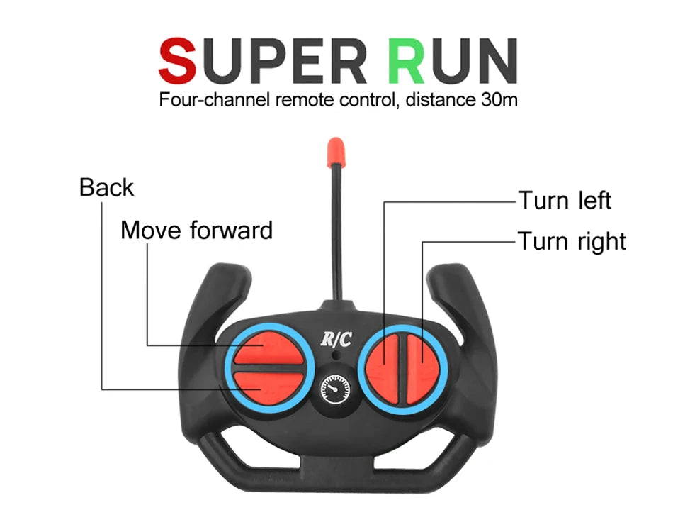 SUPER RUN Four-channel remote control, distance 30m Back Turn left Move forward Turn right