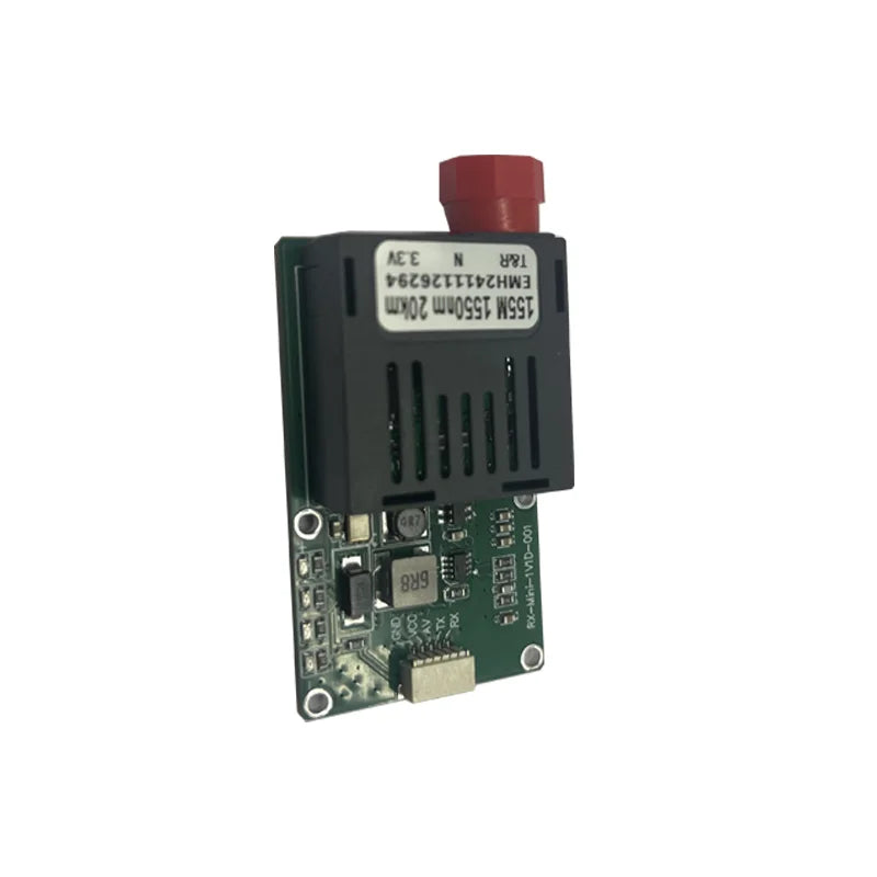FPV fiber optic module supports 20-40km range, CVBS/HDMI video, SBUS/CRSF control, and 5-26V power input for long-range drone applications.