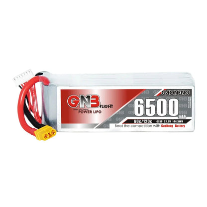 GaoNeng GNB 6S 22.2V 6500mAh 60C/120C Lipo Battery, High-performance 6500mAh 6S Lipo battery with 60C/120C discharge rates and 22.2V voltage.