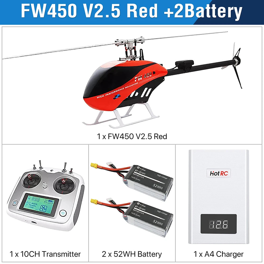 Fly Wing FW450L V2.5 RC Helicopters, FW450 V2.5 Red +2Battery 1x FW45O V2.5