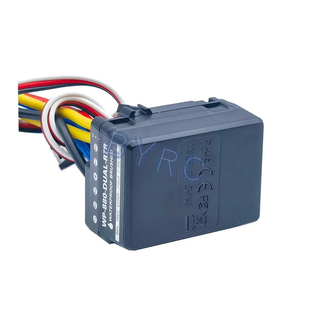 Specifications for 880 80A Brushed ESC, suitable for 1/10 and 1/8 on-road and off-road vehicles.