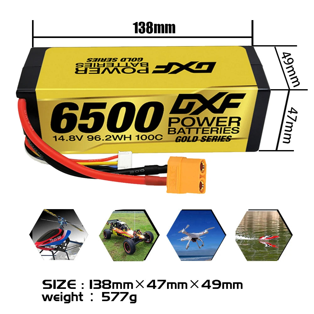 DXF 4S Lipo Battery 14.8V 15.2V 6500mAh 9200mAh - Gold Version Graphene Racing Series HardCase for RC Car BX Evader Truggy Buggy 35 DXF 4S Lipo Battery 14.8V 15.2V 6500mAh 9200mAh, DXF 4S Lipo Battery, DXF Batteries offers an excellent value by providing factory direct pricing and quality that meets or