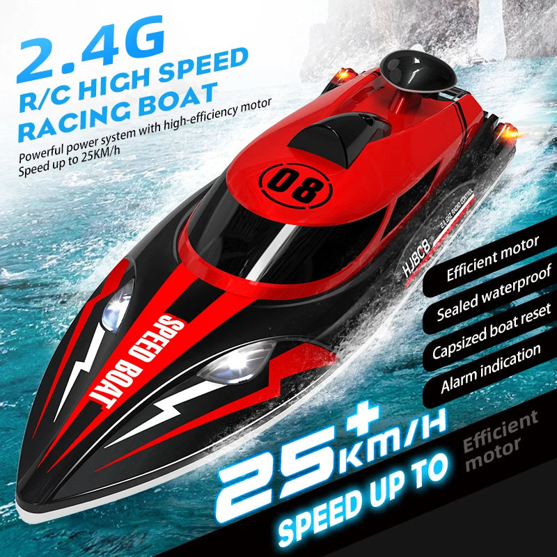 HJ808 RC Boat, HJ808 2.4G RC high-speed racing boat, waterproof, 25+ km/h, efficient motor, capsized reset, alarm, powerful power system.