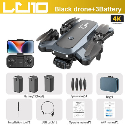 LU10 Drone, Black drone+3Battery 4K Dual camera Battery"