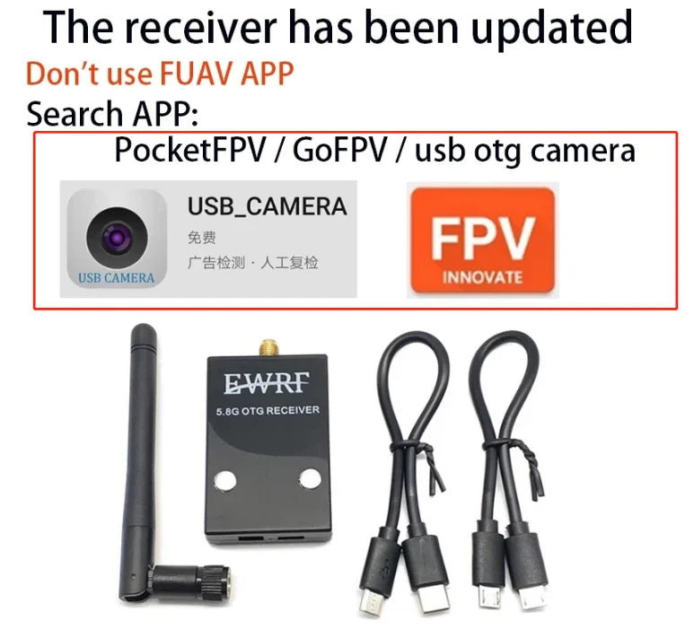 5.8Ghz 48CH 2W VTX, the receiver has been updated Don't use FUAV APP Search APP: Pocket