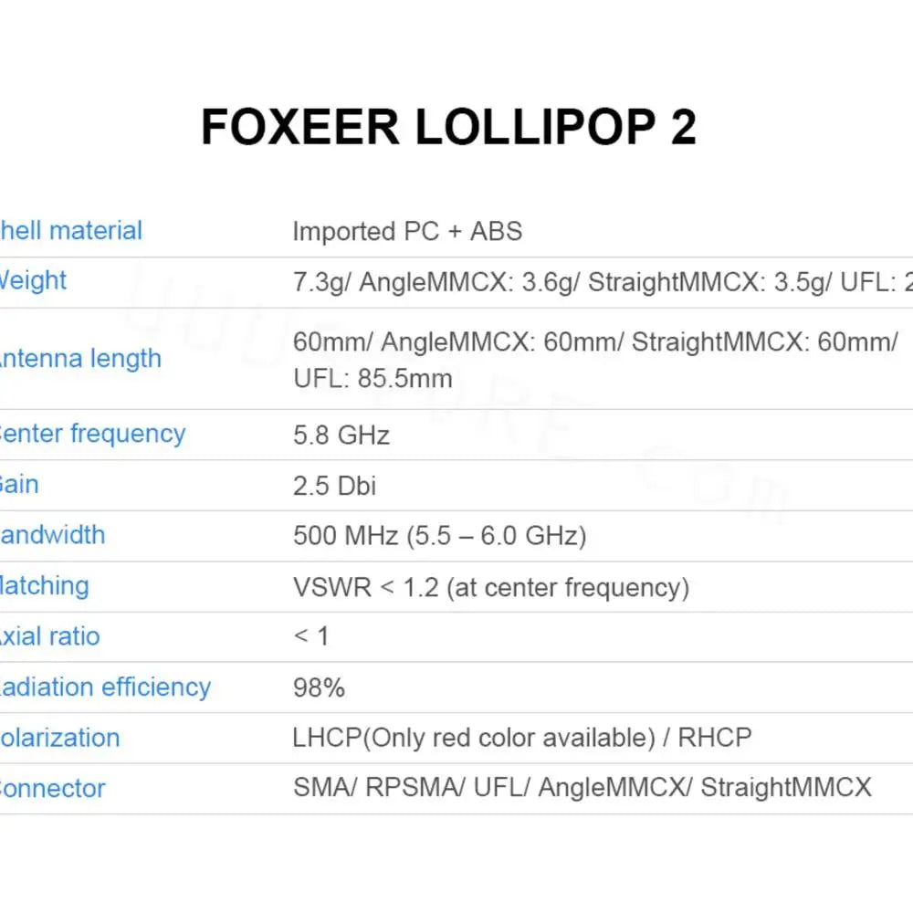 2pcs Foxeer Lollipop 2 5.8G Super Mini FPV Antenna 2.5Dbi RHCP UFL/MMCX for RC FPV Racing Drone Multirotor 7 FOXEER LOLLIPOP 2 hell material Imported PC ABS eight 7.3g