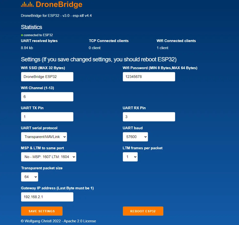 Wireless Wifi Radio Telemetry Module, ulul; DroneBridge for ESP32 v3.0 esp