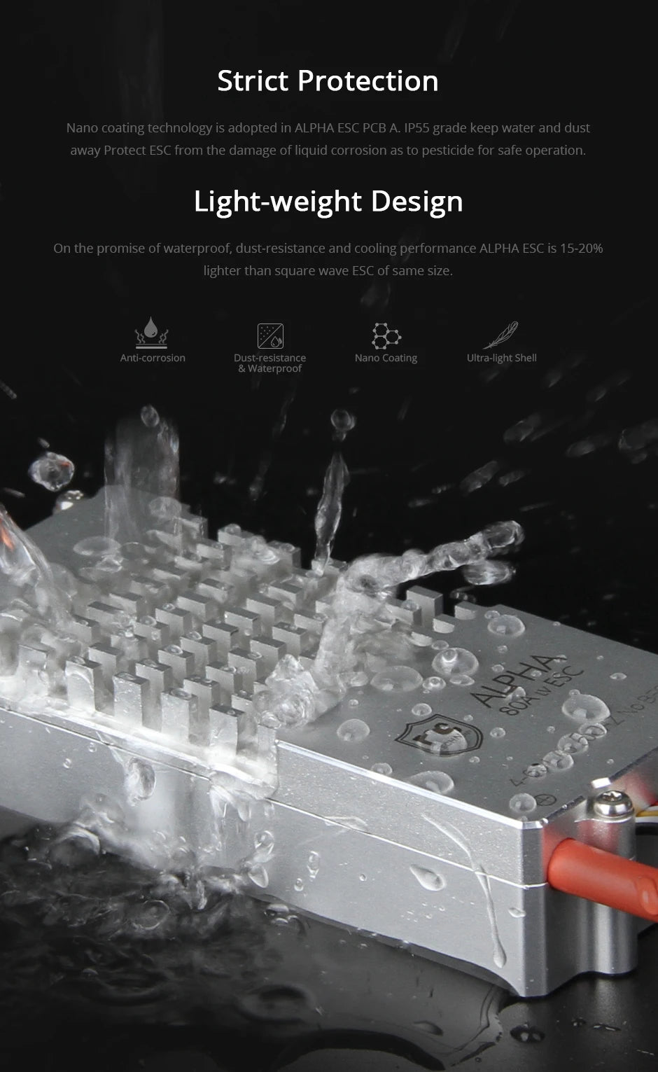 T-motor ALPHA 80A 12S HV FOC ESC, Nano coating technology is adopted in ALPHA ESC PCB A. IPSS grade keep