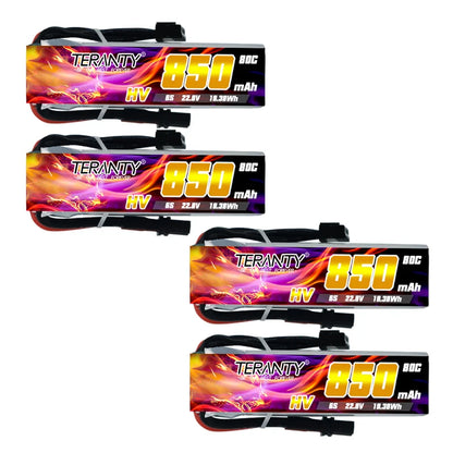 Teranty 6S HV 22.8V 850mAh 80/160C Lipo Battery, High-performance LiPo battery with 22.8V and 850mAh capacity for reliable power in FPV racing.