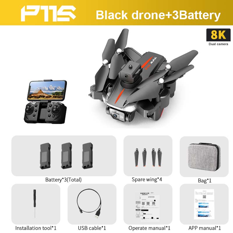 P11S Drone, F1S Black drone+3Battery 8K Dual camera