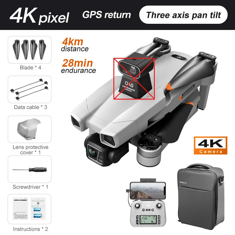 AE86 Pro Max Drone, 4K pixel GPS return Three axis pan tilt 4km