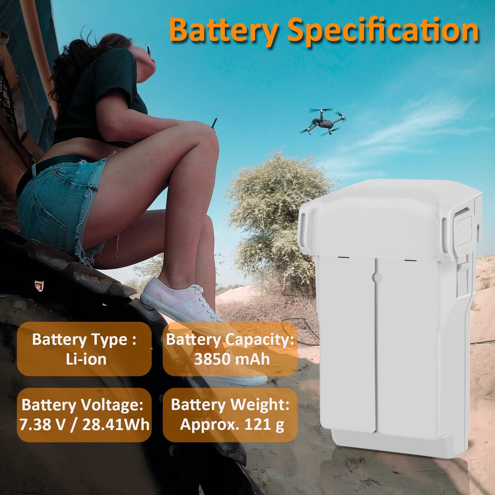 DJI Mini 4 pro Battery, The battery specifications include type, capacity, voltage, and weight.